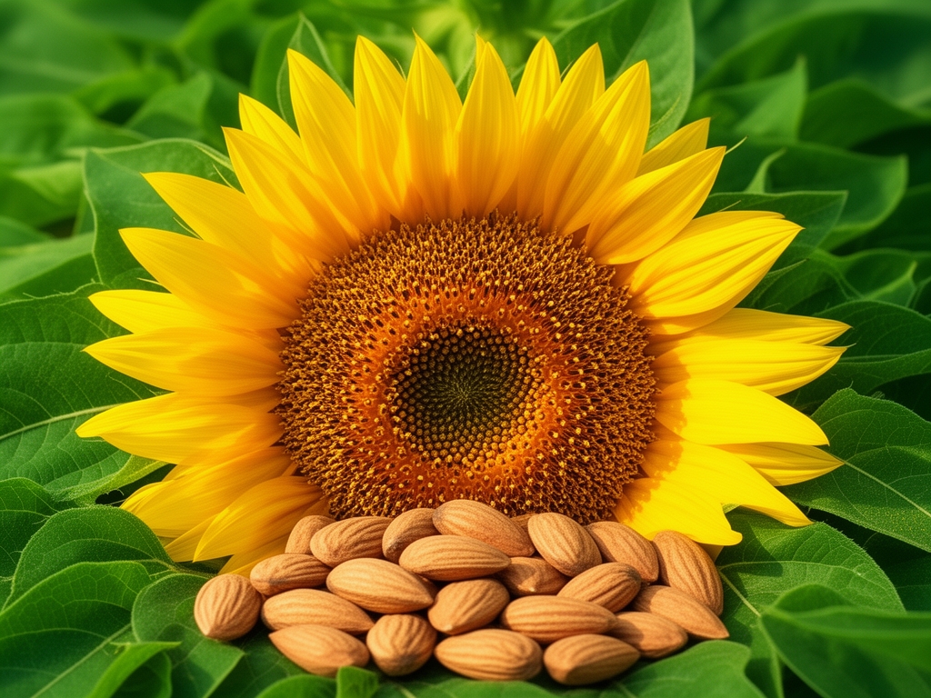 Słonecznik i migdały w pięknym naturalnym świetle, otoczone zielonymi liśćmi, symbolizujące źródła witaminy D i zdrowego odżywiania