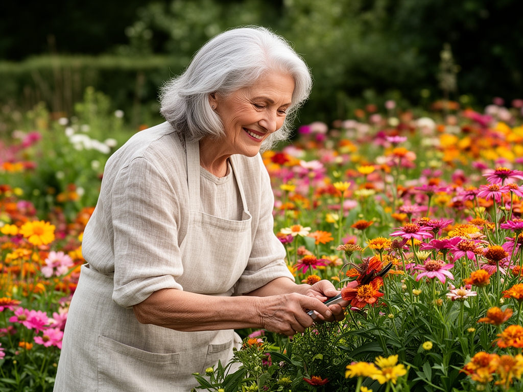 Starsza kobieta z siwymi włosami pielęgnuje ogród wśród kolorowych kwiatów, ubrana w luźny lniany fartuszek, promieniejąca spokojem i radością z aktywności na świeżym powietrzu